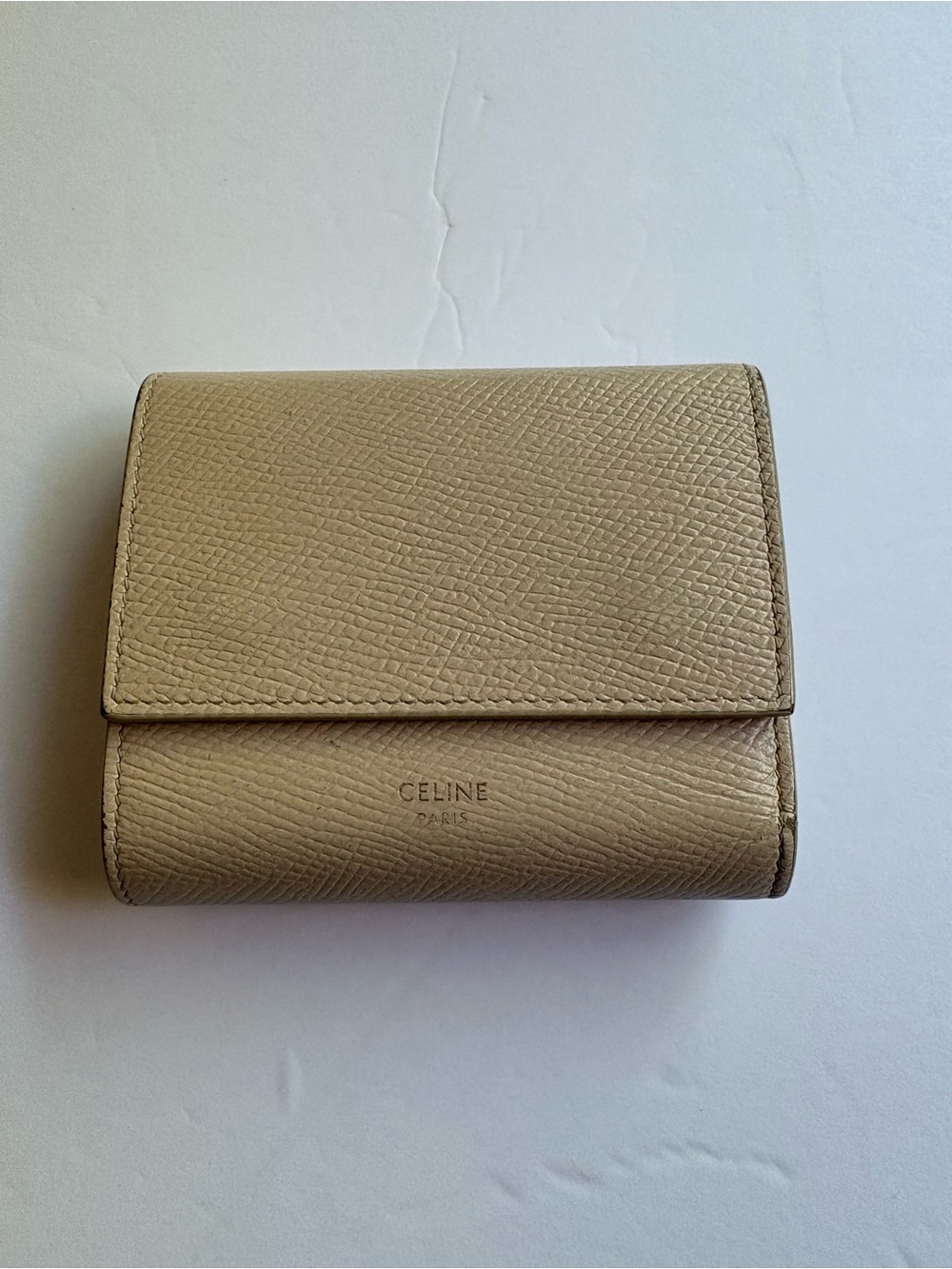 Celine Small Textured tri-fold Leather Wallet in cream Beige